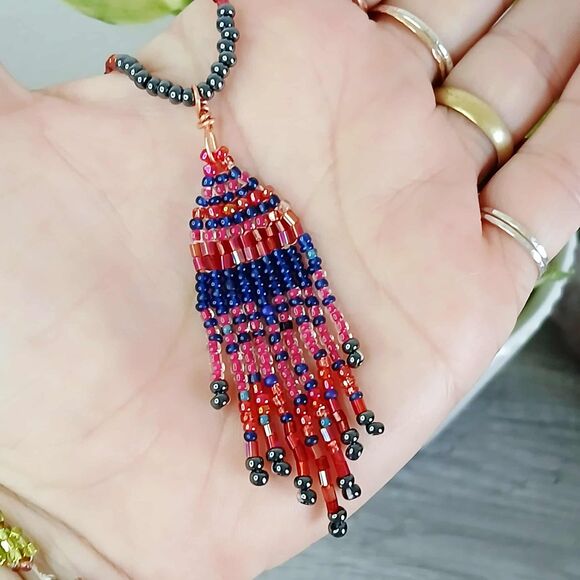 Boho Chic Beaded Fringe Cascade Choker Necklace, Artisan Statement 14.5" - Picture 7 of 7